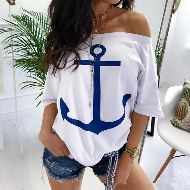 

European and American New Loose Shoulder Bat Shirt Printed T-shirt Women