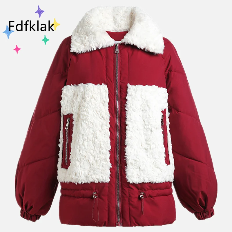 Fdfklak New Women Short Jacket Winter Thick Lambswool Cotton Padded Coats Female Korean Casual Loose Parkas Ladies Ropa Mujer