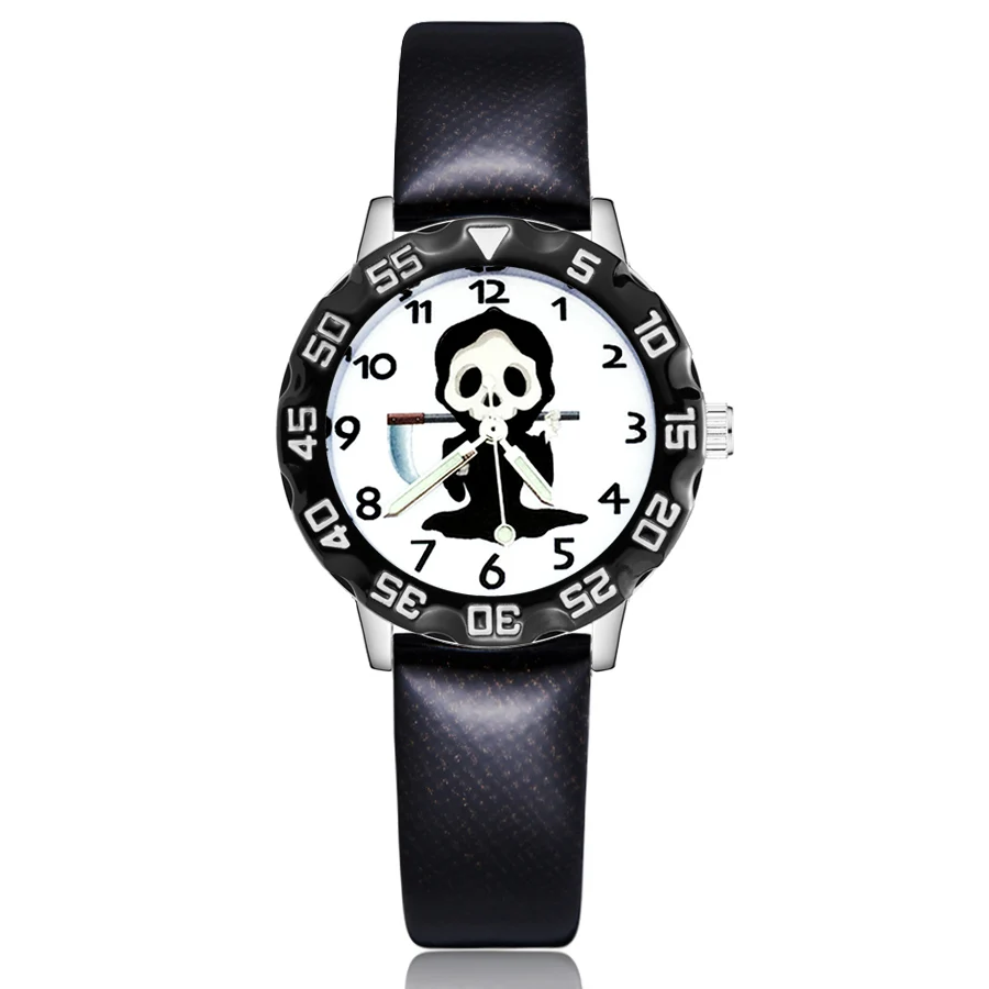 

Модные детские часы в стиле Хэллоуин Grim Reaper, кварцевые наручные часы Clcok JM62 для девочек и мальчиков с кожаным ремешком