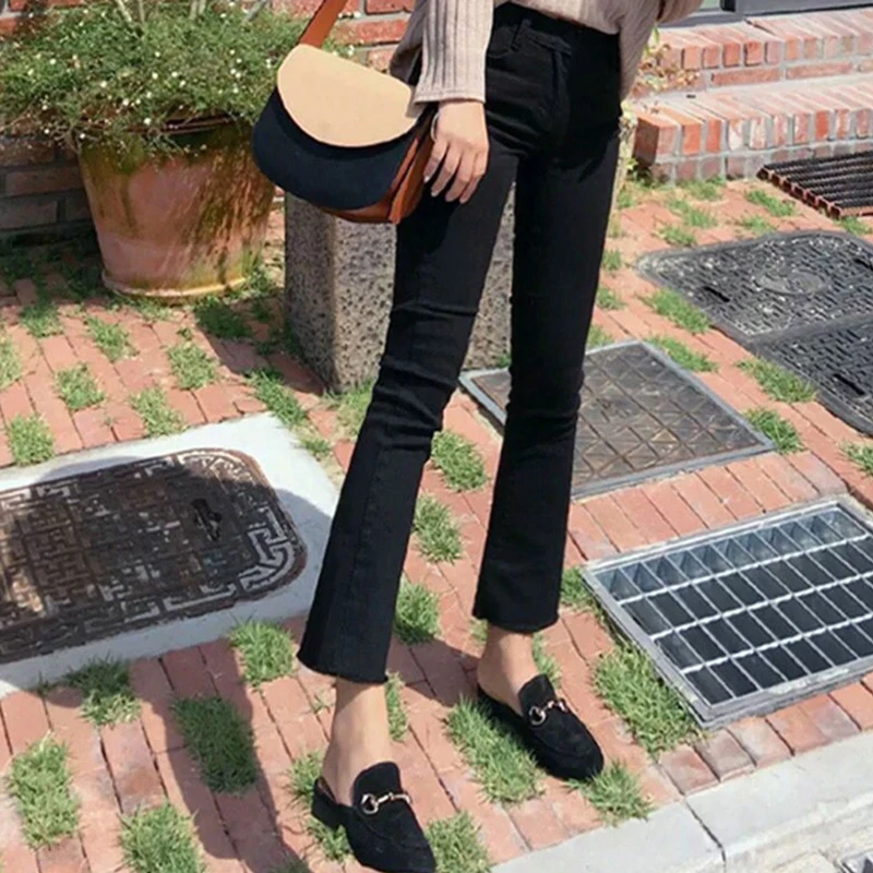 

Womens Black Flared Jeans High Waisted Cropped Denim Trousers Office Clothing Spring Loose Wide Legs Were Thin Female Nine Pants