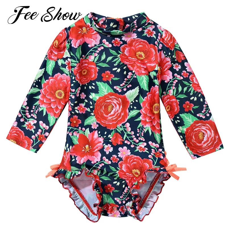 Летний детский купальник для девочек из Бразилии с одним рукавом в виде цветочного принта и воланами.