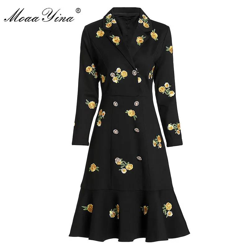 MoaaYina модное дизайнерское платье весна-осень женское длинный рукав цветы вышивка
