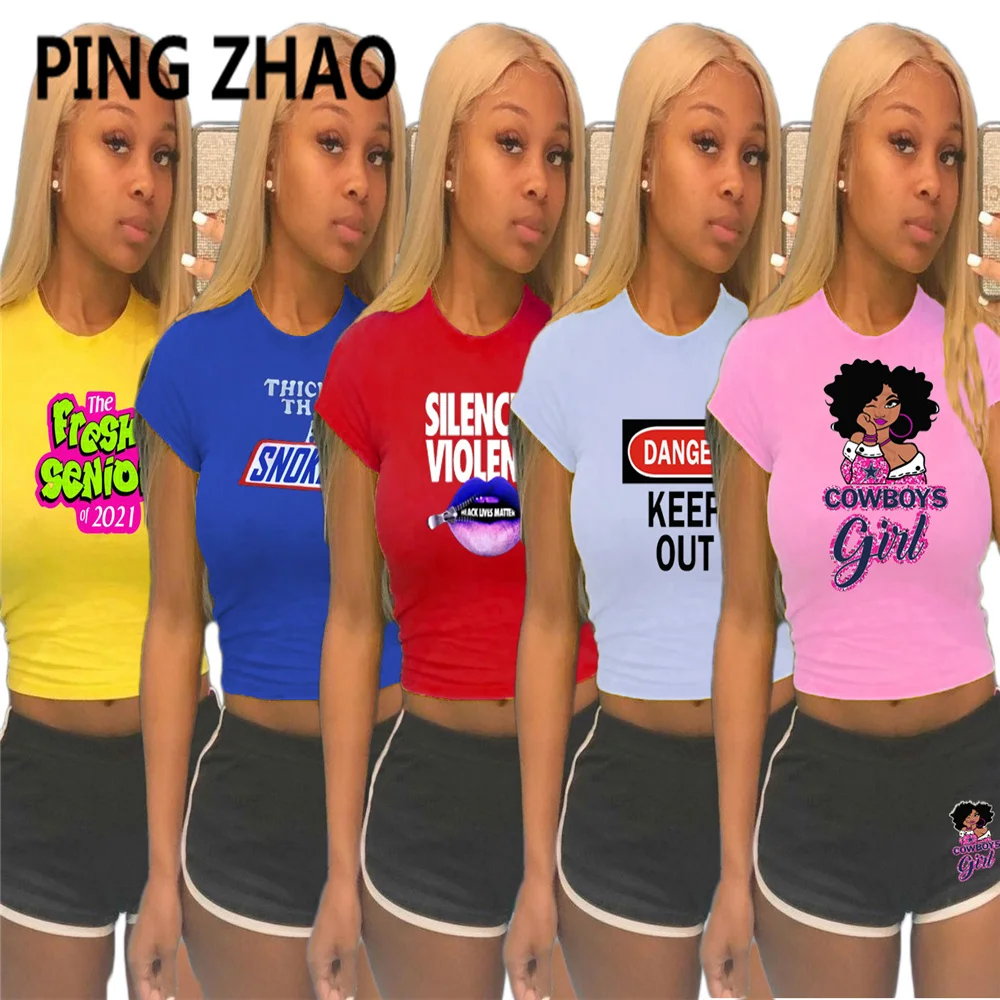 

PING ZHAO Women Set Letter Print Short Sleeve Tops Elastic Mini Shorts 2 Pices Set Tracksuit Outfit Summer 2021