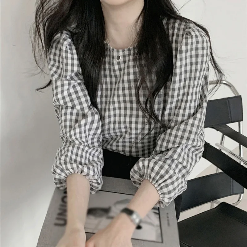 

Korean Fashion Women's Plaid Round Neck Loose Sweet Casual Long-sleeved Shirt Blouse Autumn Pullover Shirts