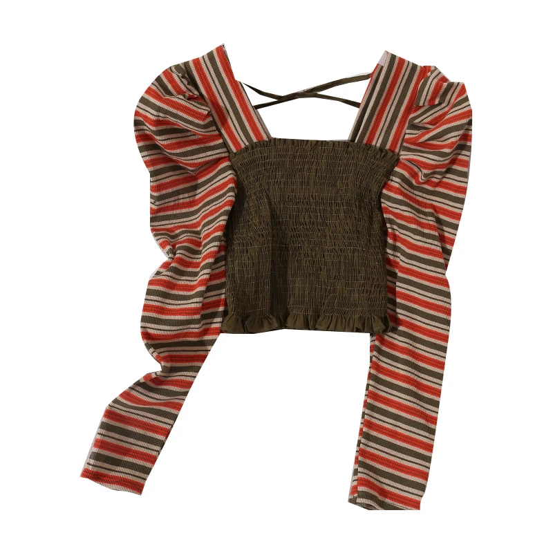 

fake two pieces of pleated slim square collar short striped long sleeve T-shirt autumn Korean design sense top