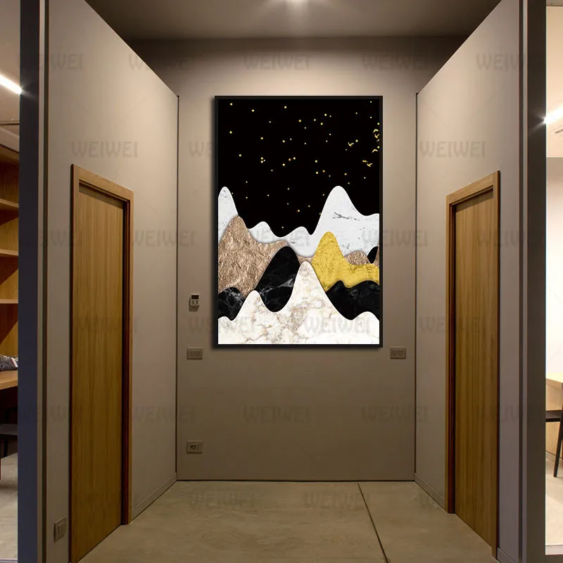 

Home Decorative Painting Golden Mountain Moon Stars Poster Bedroom Canvas Painting Wall Art Hd Printing Can Be Customized