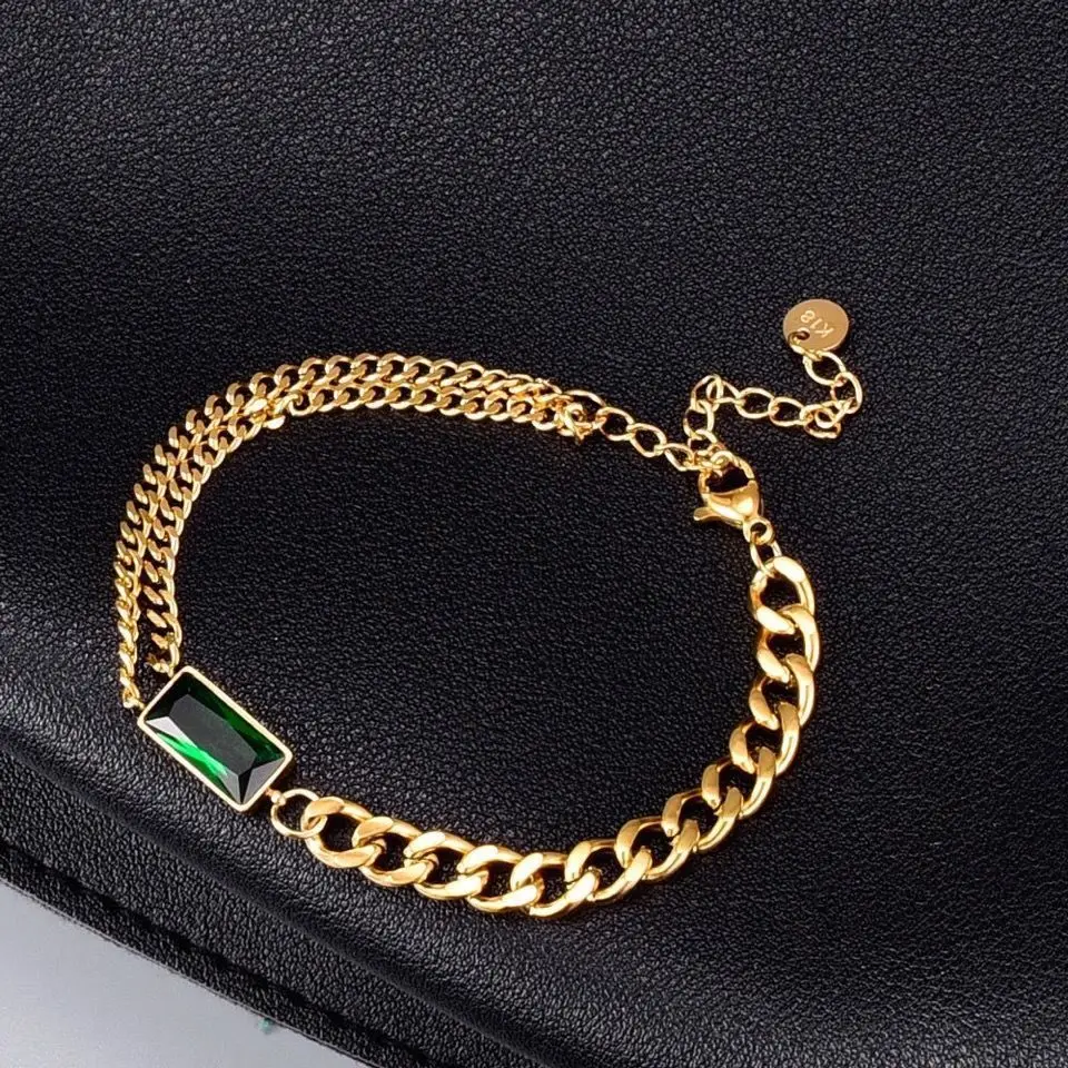 

18k Gold Plated Green Cz Stone Double Layer Cuban Chain Bracelets Bangles for Women Stainless Steel Chain Gold Bracelets Jewelry