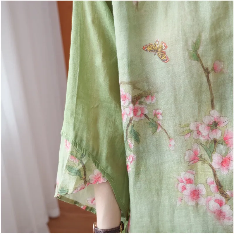 

Cotton Linen Women's Chinese Blouse Retro Printed Buckle Contrast Color Green Stitching Light Irregular Shirt Tea Service