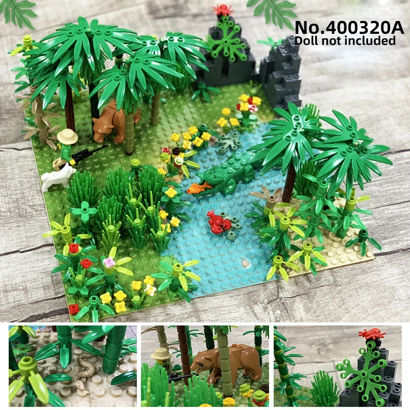 Rainforest Baseplate Parts Animal Green Grass Jungle Bush Flower Tree Plants Building Blocks DIY MOC Assemble Children Toy Gifts