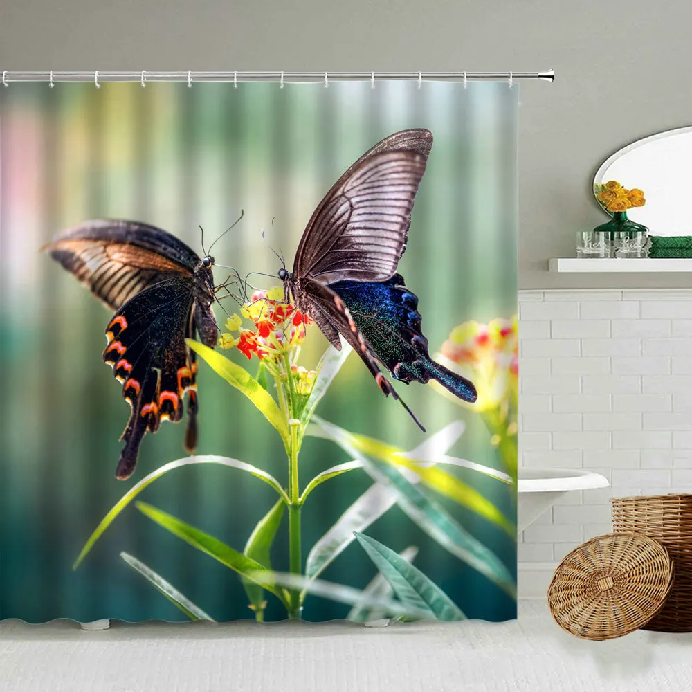 

Занавеска для душа с изображением бабочек, насекомых, животных, цветов, растений, природный пейзаж, водонепроницаемая ткань для фотографиро...