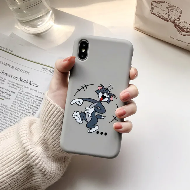 Серый Забавный мультяшный Кот и мышь чехол для телефона для iPhone X XS Max XR 7 8 6 6s Plus тонкий мягкий силиконовый чехол милый том Джерри чехол для пар - Цвет: Серый