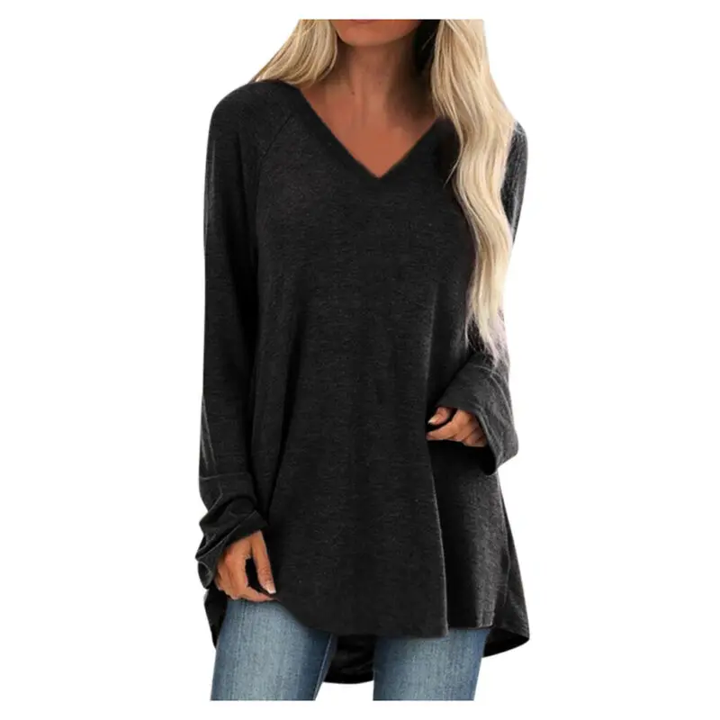 Autumn 2020 Long Sleeve Plus Size Loose Shirts 5XL Long Sleeve Blouses Solid Tops New Women Sexy V Neck Casual Blouse