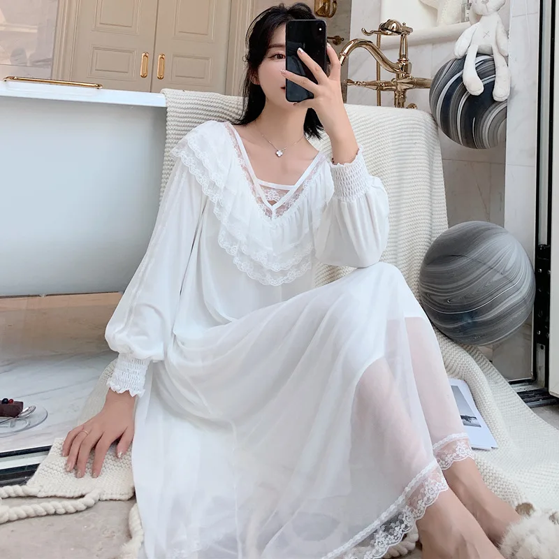 

Spring Autumn New Nightdress Cotton Long Sleeve White Lace Home Dressing Gown Intimate Lingerie Female Nightgown Homewear
