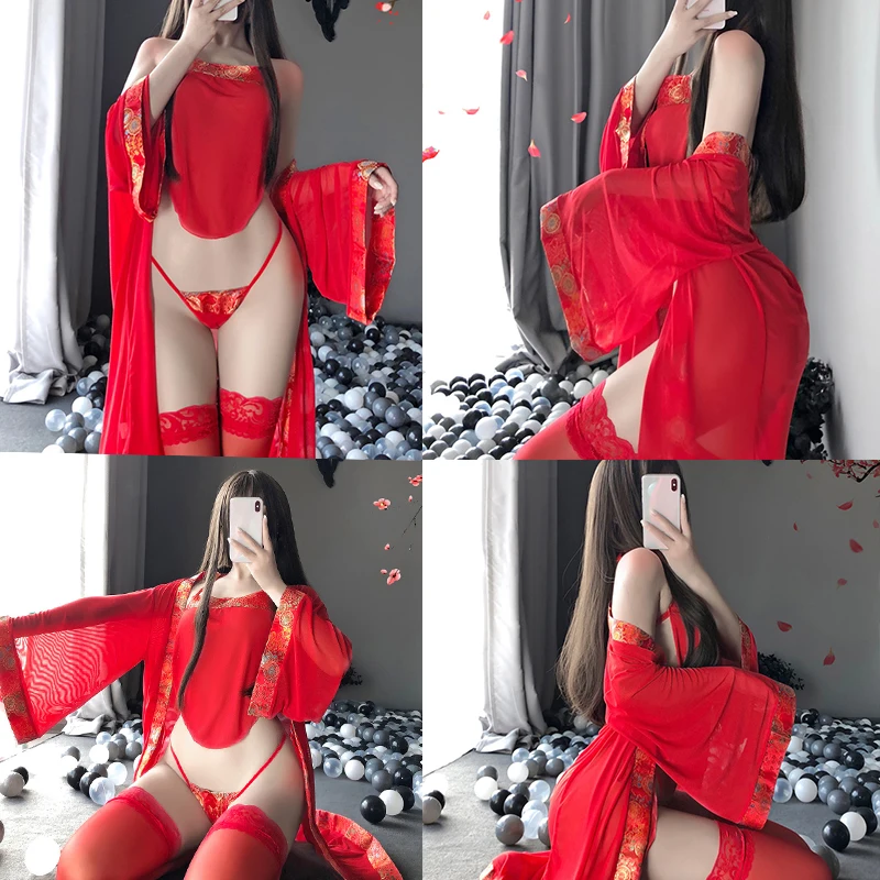 

Red Women Sexy Cosplay Costume Classical Robe with Bellyband Erotic Pajamas Sexy Nightdress Transparent Sleepwear for Ladies