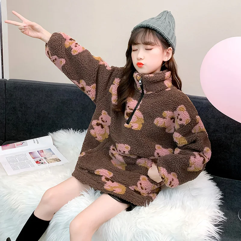 

Children's Clothing Autumn and Winter Girls Jacket Korean Version Cute Bear Plus Velvet Warm Wool Sweater Stand Collar 4-12Years