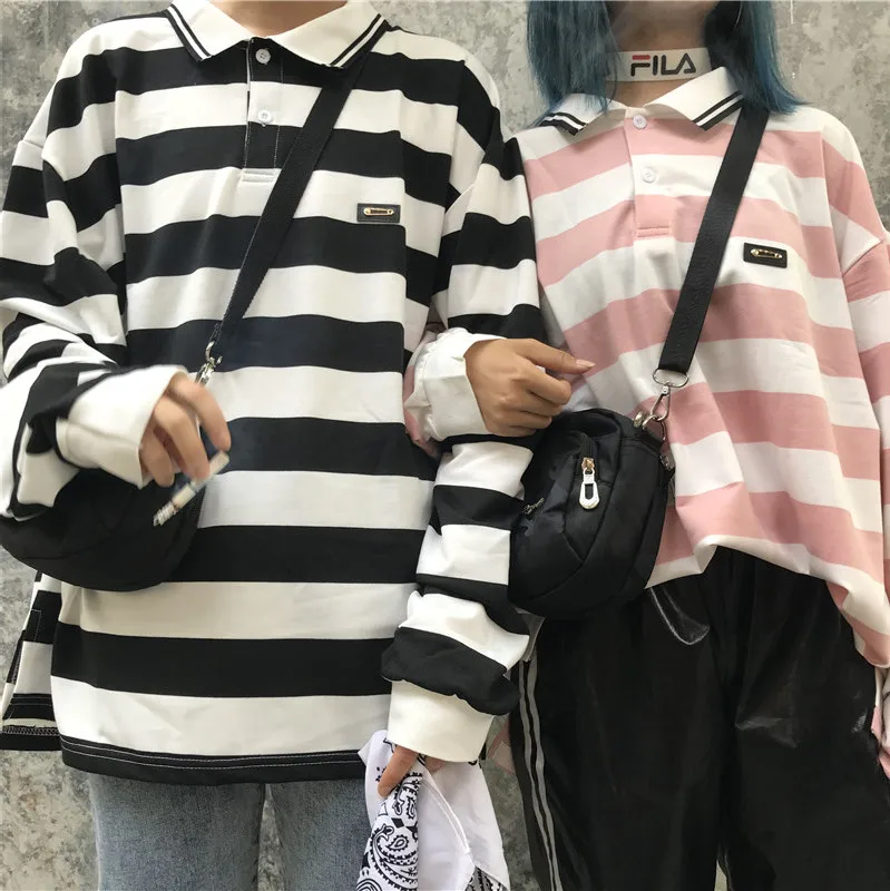 Весенняя новинка ulzzang Harajuku рубашка поло футболка топы Mori Girl Ретро стиль в полоску