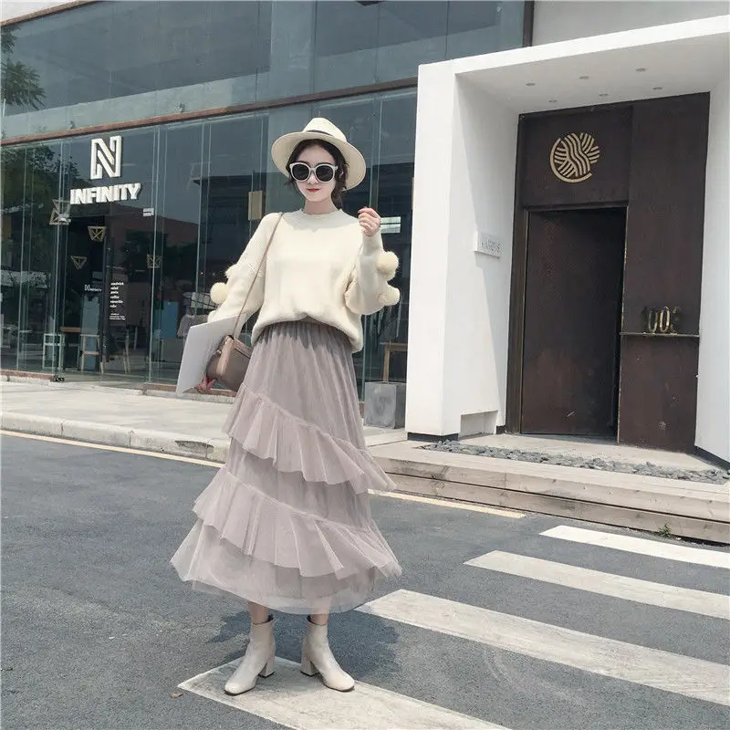 

Solid Ruffle Skirt 2020 spring / summer high waist slim cake skirt versatile medium length mesh skirt