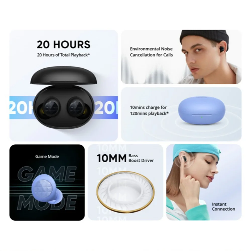 realme buds q2 tws wireless earphone bluetooth 5 0 stereo waterproof intelligent touch controls headphones with charging box free global shipping