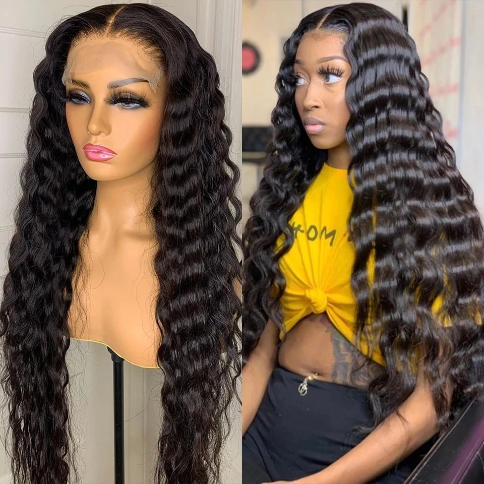 

Long Deep Wave Natural Black Synthetic Hair Lace Front Wig For Women Middle Part Fiber Babyhair Daily180%Density Glueless Wigs