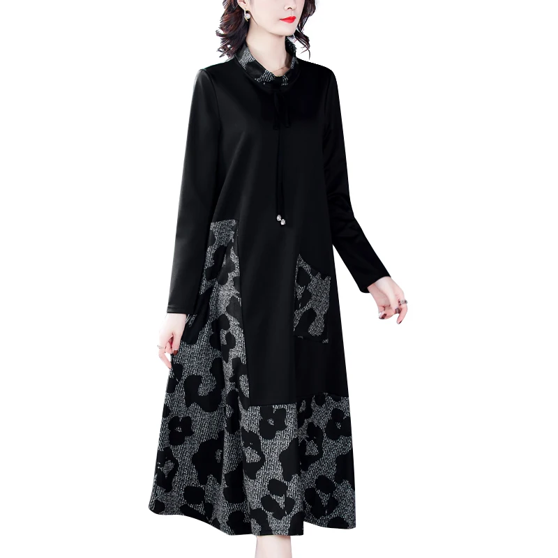 

2021 Women Loose Plus Size Patchwork Maxi Vestidos Spring Casual Vintage Black Long Sleeve Midi Dress Bodycon Party Classy Dress