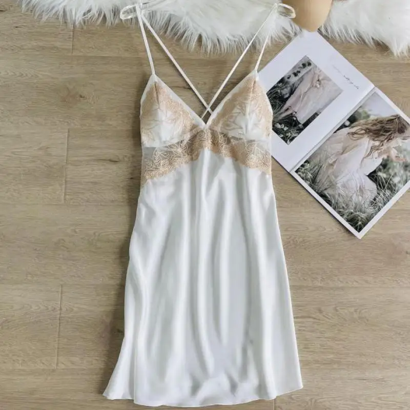 

Ночная сорочка на бретельках женская сексуальная летняя Пижама с нагрудными подушечками кружевная ночная рубашка с открытой спиной нижнее...