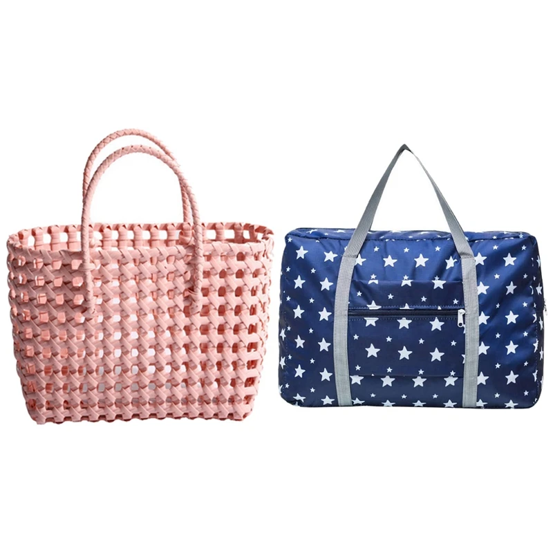 

2 Pcs Travel Duffel Bag, Carry on Luggage Bag, Hand Woven Bag Portable Female Bag Beach Bag,Blue & Random Color