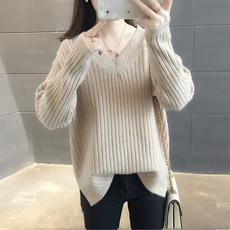 

autumn Winter V-neck Sweater Women Skinny Elastic Knitted Soft Pullover Sweater female 2022 korean fashion Pullovers Khaki Beige