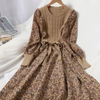 vintage elegant dresses for women patchwork knitted vestidos slim bandage robe fashion floral corduroy dress