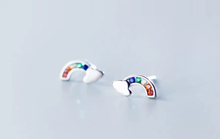 

925 Sterling Silver Rainbow Colorful Crystal Stud Earrings for Women Gift Jewelry female Ear pendientes boucle d oreille eh103