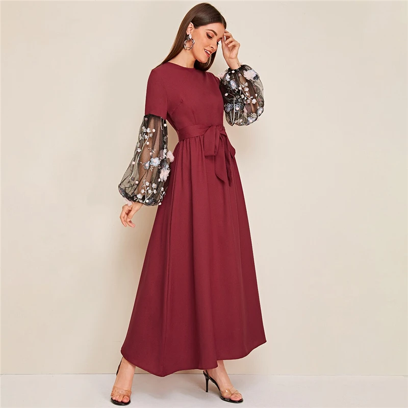 SHEIN Цветочная аппликация Сетчатое платье-фонарь рукав пояс женское платье круглый вырез Платье макси с длинным рукавом Высокая талия элегантное платье