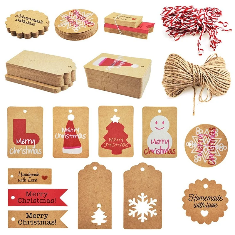 

240PCS 12 Styles Christmas Kraft Paper Tags Christmas Kraft Gift Tags Hang Labels for DIY Arts Crafts Package Name Card