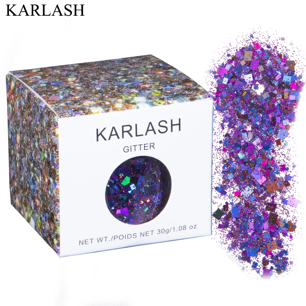 

KARLASH, 2021, Новая косметическая пудра для макияжа, 30 г, разные размеры, пигментные Блестки для тела, лазерные блестящие фиолетовые хлопья, блест...