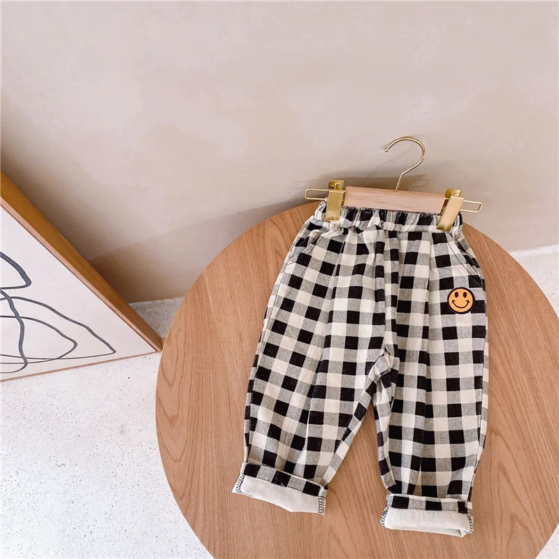 

Милые хлопковые клетчатые брюки унисекс на весну 2021, универсальные повседневные брюки для мальчиков и девочек 2-7 лет с принтом улыбки