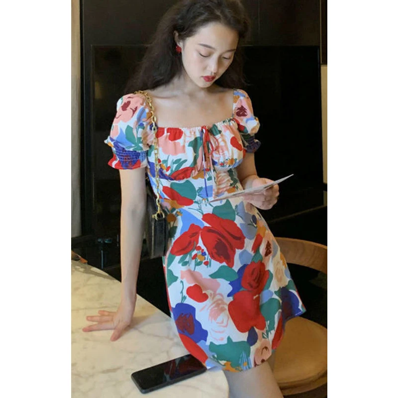 

2021 Women Summer Sundress Floral Print Dress Female Robe French Square Collar Puff Sleeve Boho Beach Holiday Sexy Mini Dresses