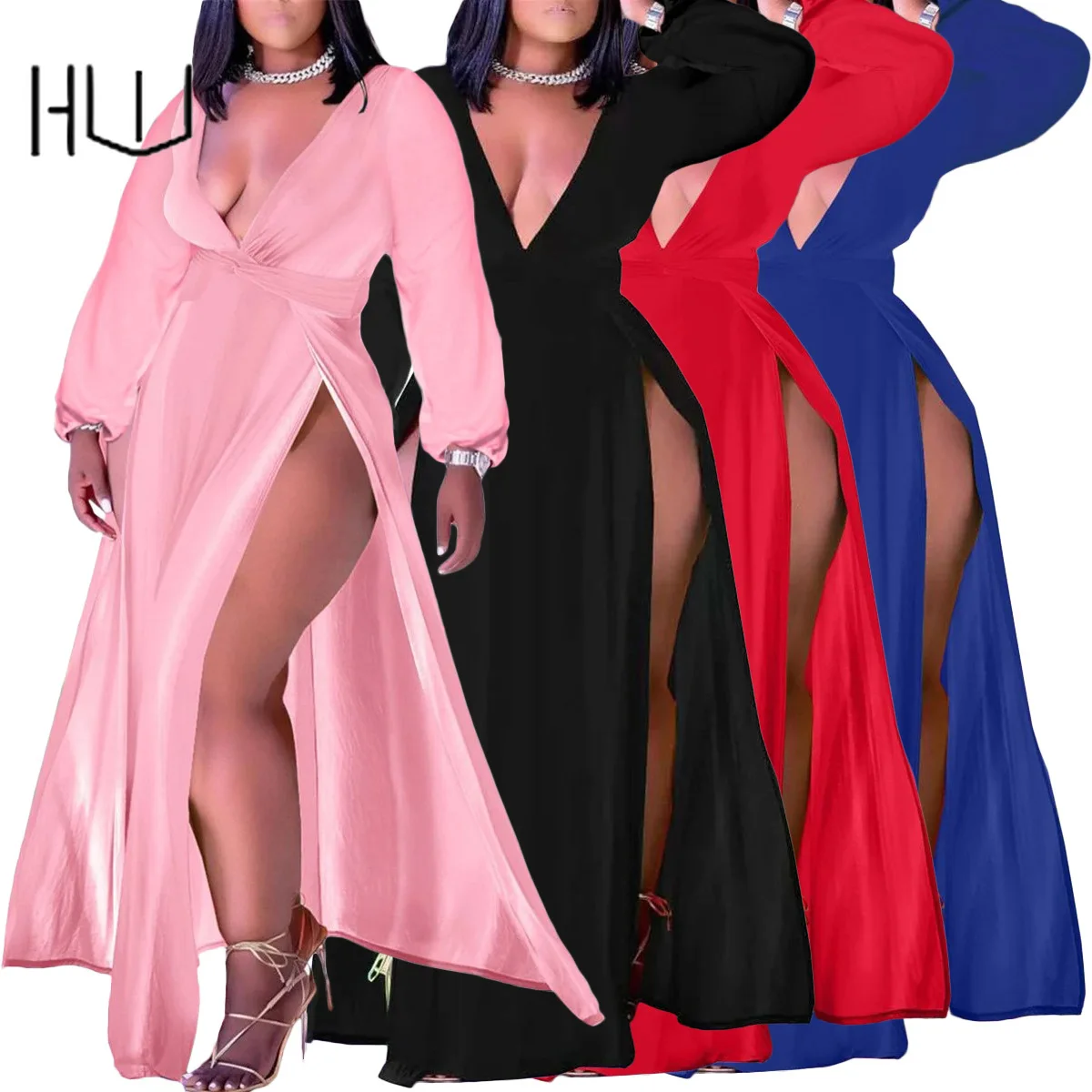 

Casual Style Long Sleeve V-neck High Split Long Maxi Dress Floor Length Chiffon Party Evening Dresses for Women Robe Vestidos