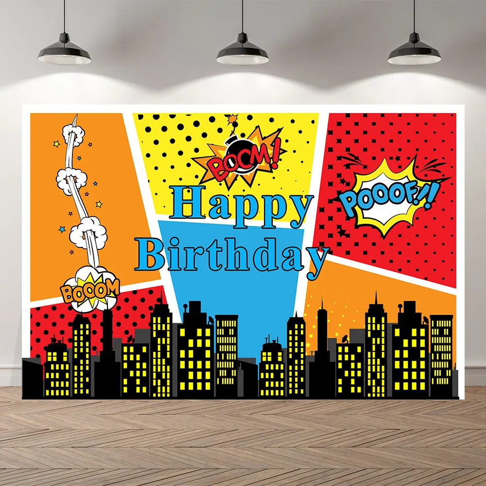 

Seekpro Photography Background Super Hero City Cartoon Boom Cloud kids Happy Birthday Party Baby Shower Backdrop Photo Photocall
