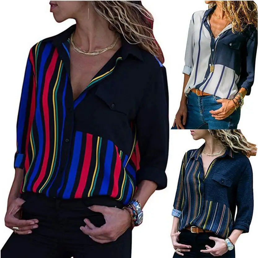 Контрастная Повседневная рубашка полосатая строчка воротник длинный рукав