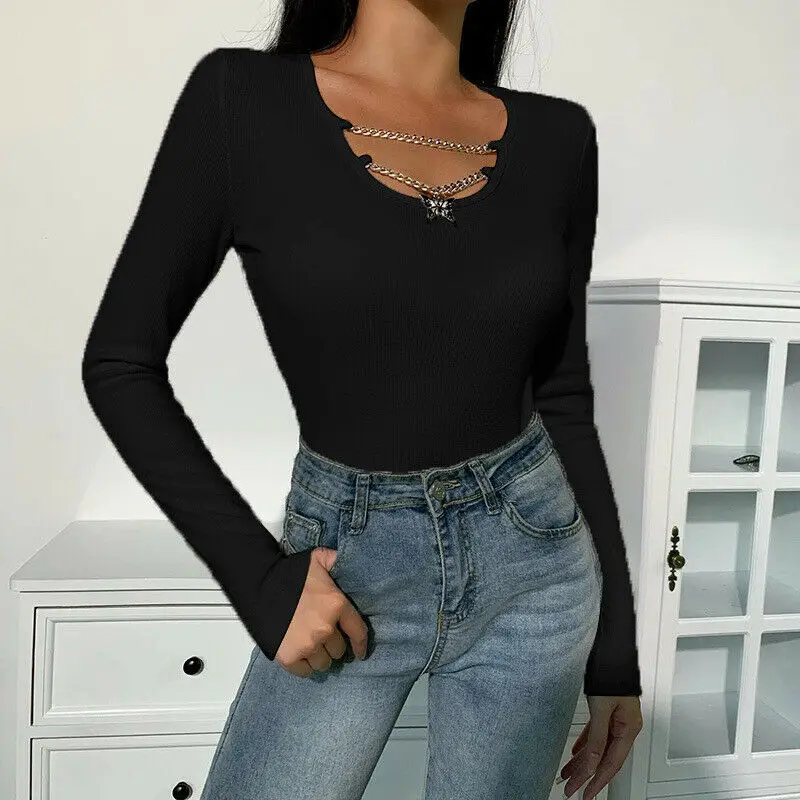 

New Design Ladies T-shirt Blouse Square Neck Chain Women Clothes Solid Color Slim Bottom Blouse Black White S M L Long Sleeve
