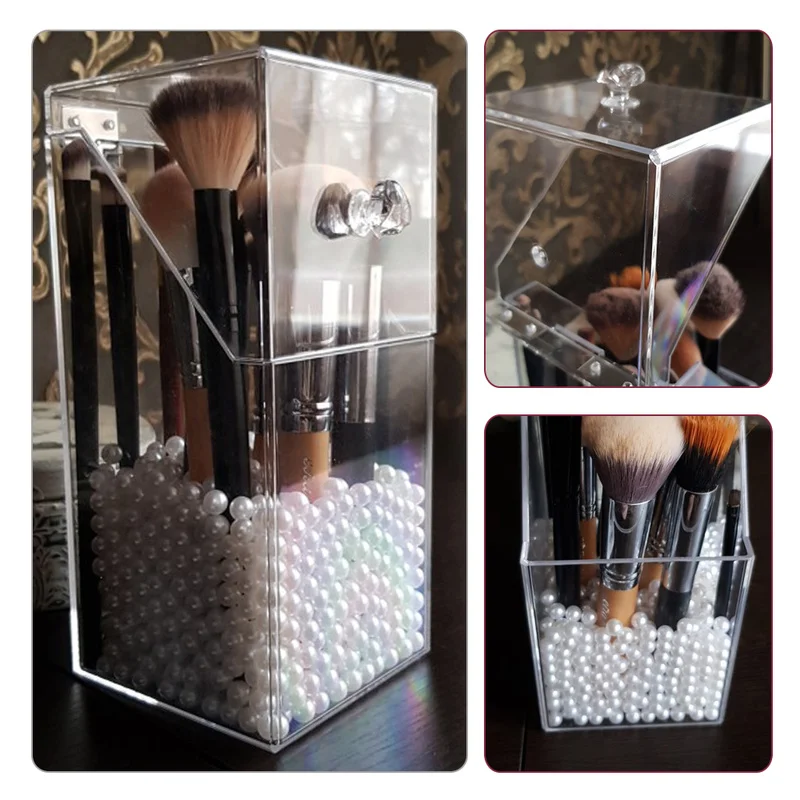 Акриловый ящик для хранения кистей макияжа прозрачный с крышкой пластиковый