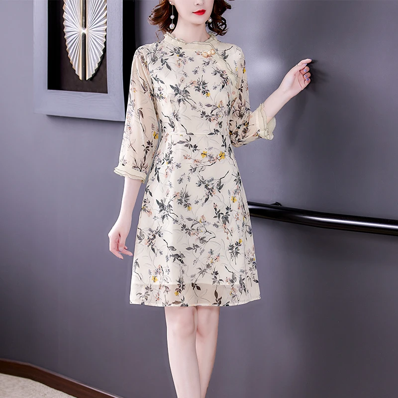 

Women Long Dress Autumn 2021 New Chinese Style Office Lady Vintage Three Quarter Sleeve Print Stand Neck Dresses Traf Robe