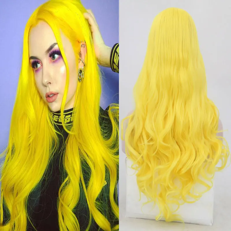 BM Light Yellow Loose Wave Synthetic 13*4 Lace Front Wig Heat Resistant Fiber Hair Natural Hairline Middle Parting For Women Wig