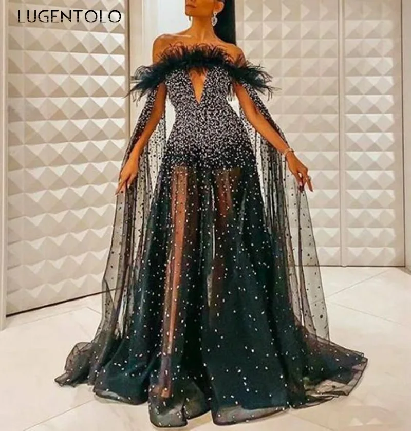 

Lugentolo Party Dress Women Sleeveless Sexy Slim Dresses Slash Neck Dinner Bg Swing Ladies Mesh Long Dress