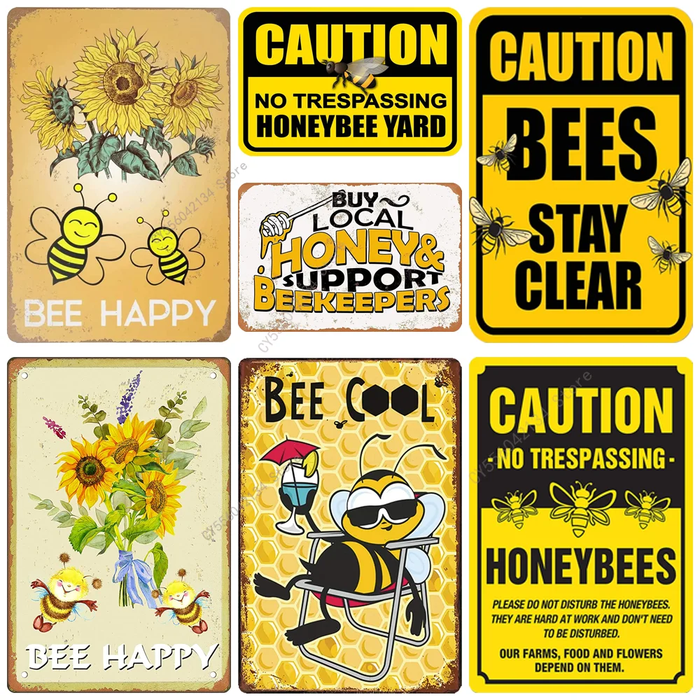 

Happy Bee Vintage Metal Plaques Tin Poster Warning Sign Garden Fence Apiary Farm Wall Retro Decor Metal Posters Iron Paintings