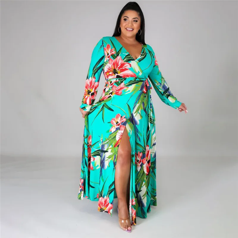 

Vintage Floral Print Plus Size XL-4XL Long Sleeve V-neck Women Maxi Dress Sexy Club Party High Split Long Dresses