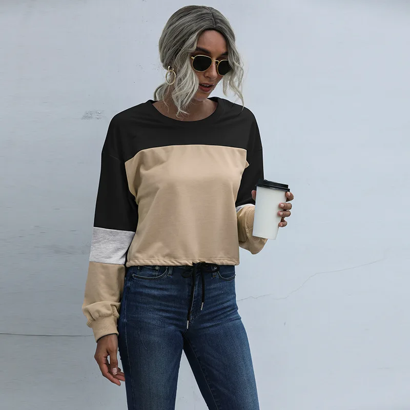 

Top Selling European and American Women's Clothing In Spring 2021 Cross Border Splicing Round Neck Bandage Sweater 1301