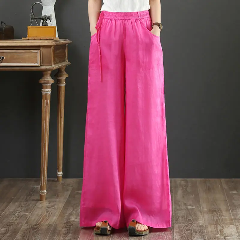 

Vintage Linen Elastic Waist Wide Leg Pants Women Long Trousers Summer Solid Color Casual Loose Pants Female Boho Clothes