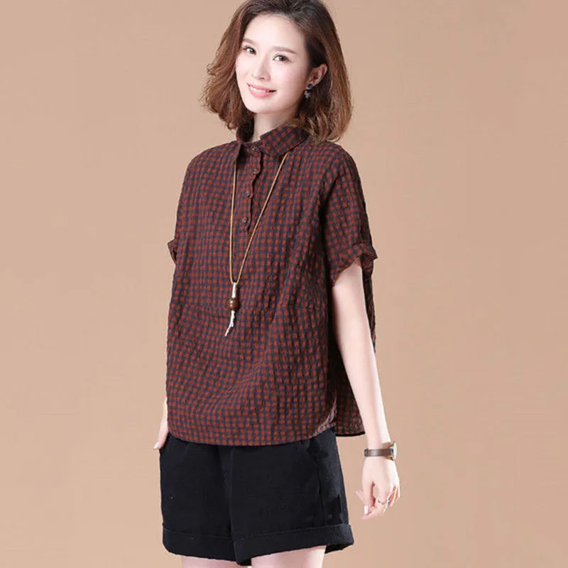 

New Women Spring Summer Style Cotton Blouses Women Casual Short Sleeve Turn-Down Collar Plaid Shirt Elegant Women Tops DF3632