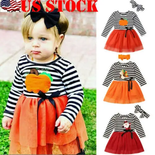 Милое детское хлопковое кружевное платье в полоску с тыквой на Хэллоуин для