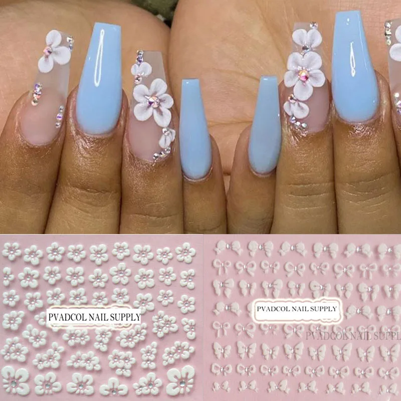 

3D Lace Nails Art Stickers Decal Foils White Flowers Silver Rhinestone Slider Transfer Nails Decorations Stickers Tools