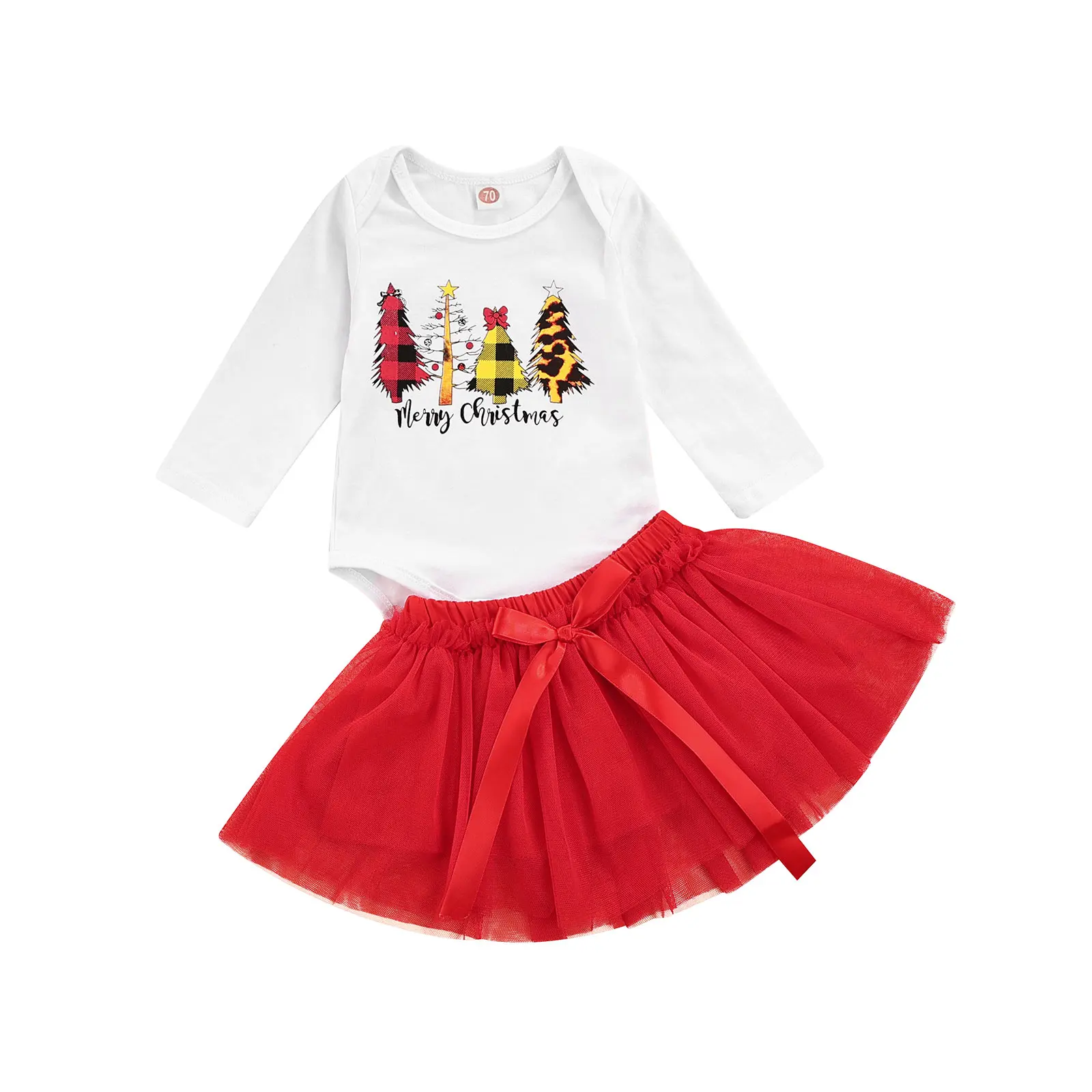 

New 0-24 Months Baby Girls Two-Piece Clothes Set White Letters Printed Pattern Romper And Red Yarn Skirt Christmas Daily Wear